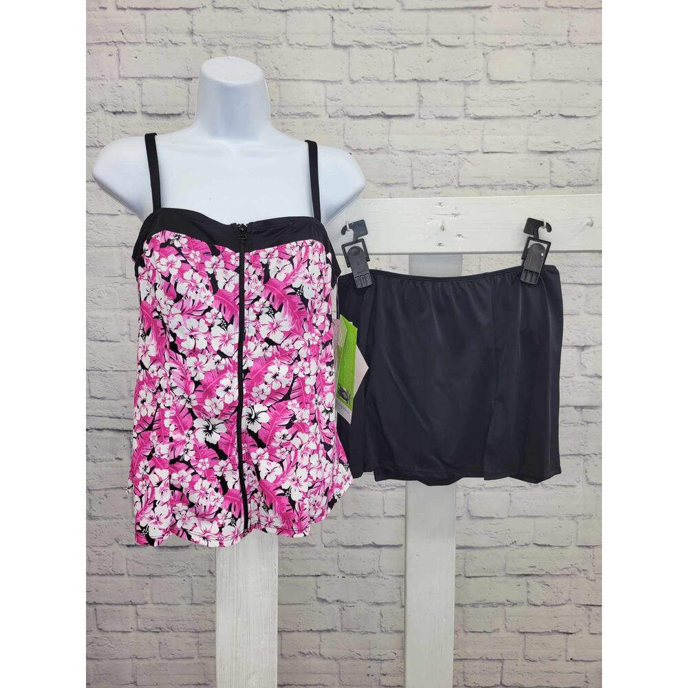 8R PINK A394010 Fit 4 U Bandeau Zip-Front Top Tankini with Slit Skirt